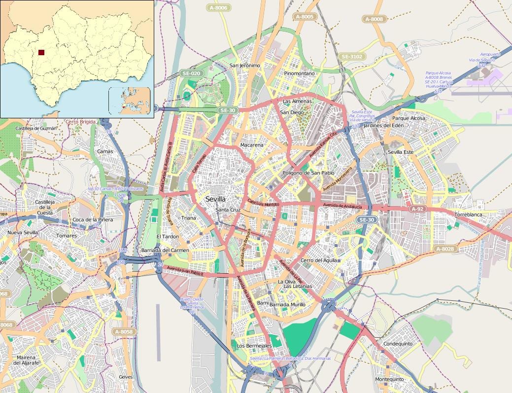kort af Seville á spáni hverfum