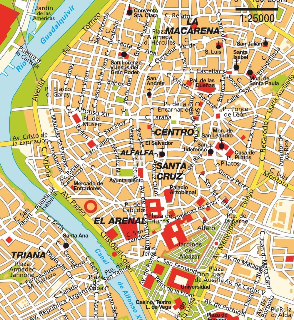 kort af Seville á spáni miðbænum