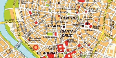 Kort af Seville á spáni miðbænum